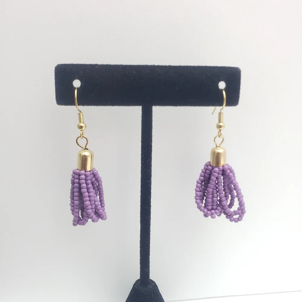 New Boho Lavender/Lilac Seed Bead Drop/Dangle Earrings, 18k Plated French Wires - Picture 4 of 4